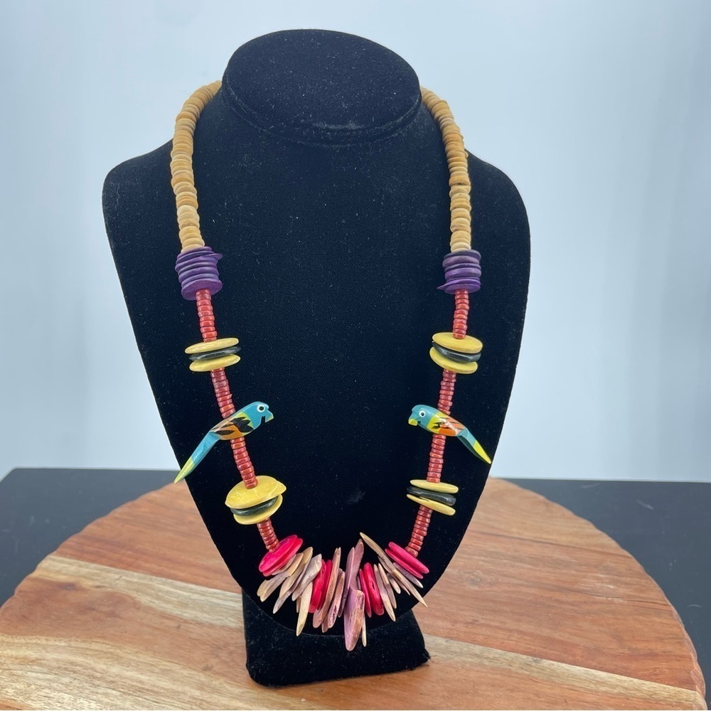 Vintage Wooden Bead Necklace Parrot‎ Lagenlook purple yellow colorful